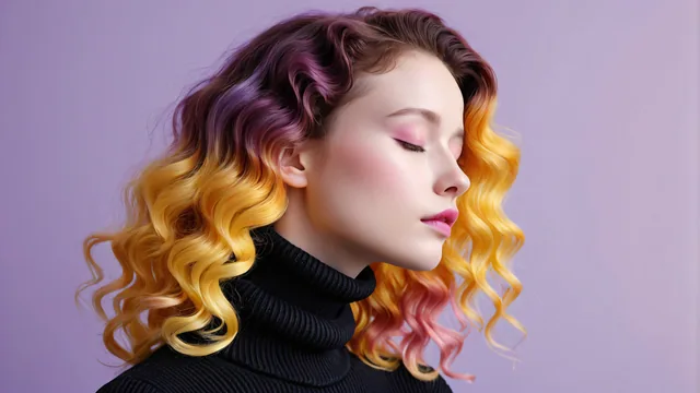 Chica joven con cabello ondulado multicolor sobre fondo púrpura