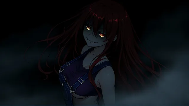 Chica anime con cabello rojo y ojos dorados en entorno oscuro