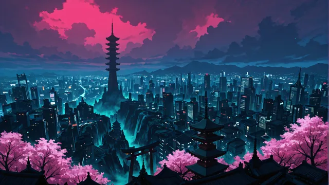 Ciudad futurista con templos japoneses y árboles en flor