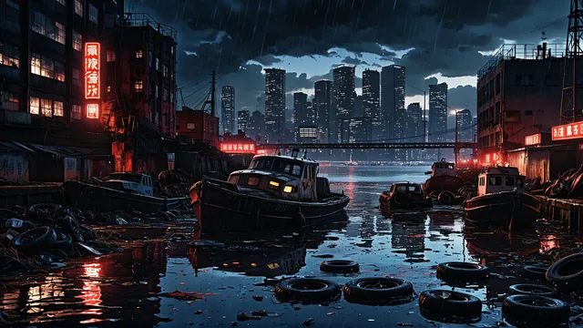 Puerto urbano nocturno con barcos y edificios bajo lluvia