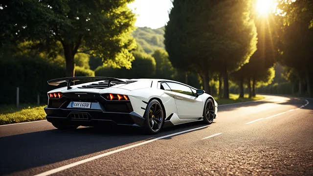 Lamborghini blanco en carretera arbolada bajo sol
