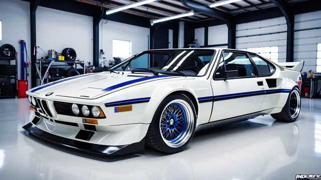Automóvil clásico blanco con franjas azules en garaje