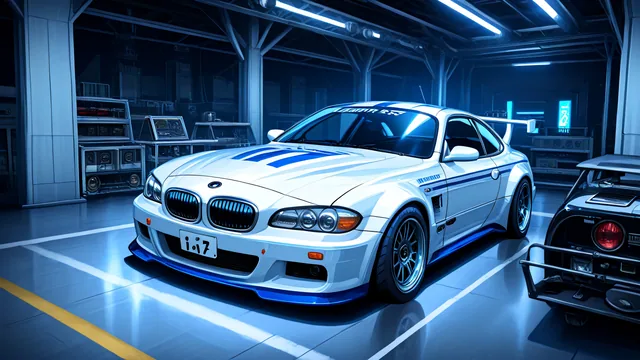 Coche blanco con detalles azules en garaje industrial iluminado