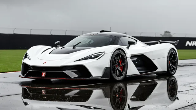 Coche deportivo blanco en pista mojada con reflejo