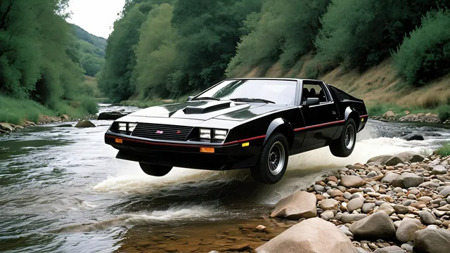 Coche negro cruzando un arroyo entre rocas y árboles