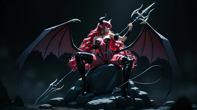 Chica demoníaca con alas y tridente en entorno rocoso oscuro