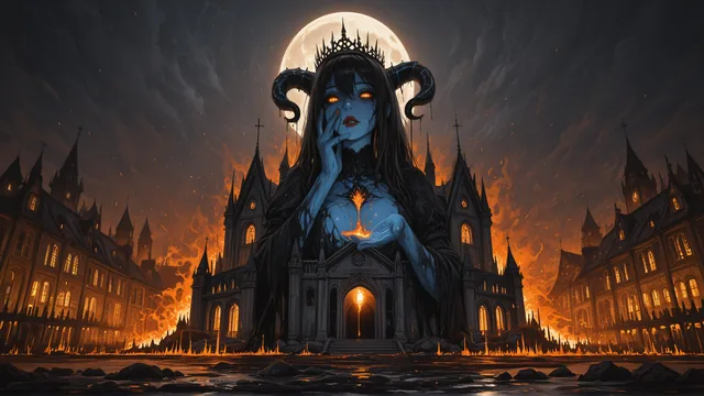 Diosa con cuernos y luna detrás de castillo en llamas