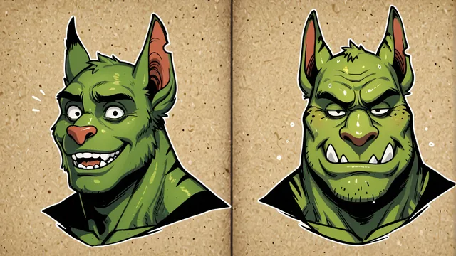 Dos cabezas verdes caricaturizadas en estilo animado sobre fondo marrón