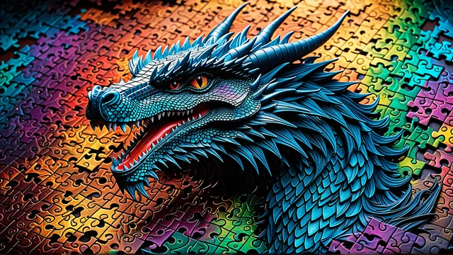 Dragón azul con escamas sobre rompecabezas multicolor