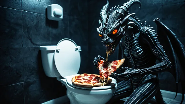 Dragón negro comiendo pizza en inodoro