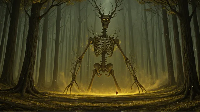 Esqueleto con antorchas en un bosque denso