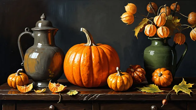 Calabazas y frutas sobre superficie de madera oscura
