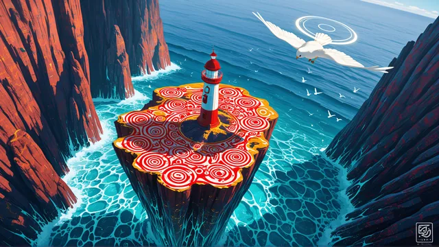 Faro sobre isla circular con patrones espirales rodeado por acantilados
