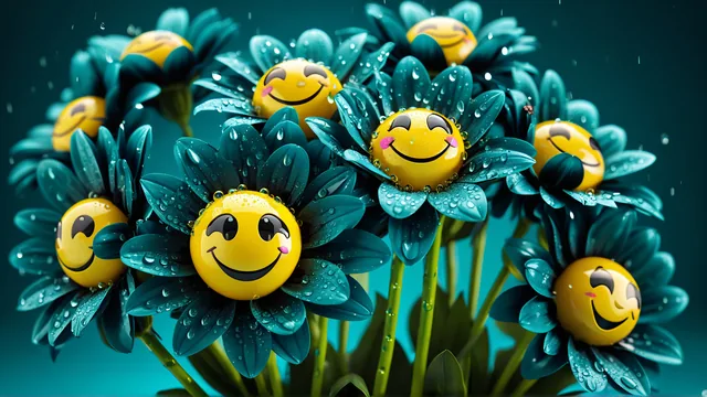 Bouquet de flores azules con caras sonrientes amarillas