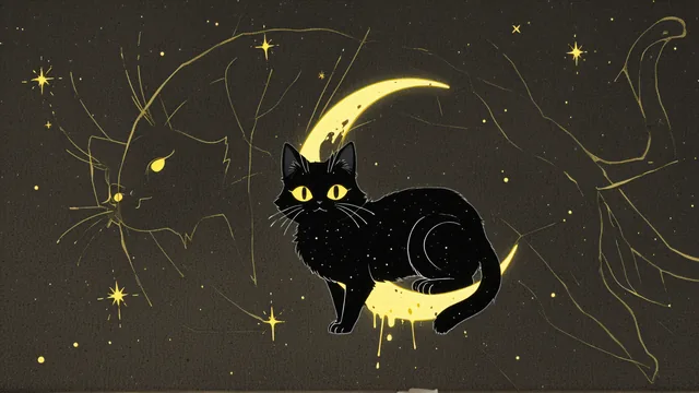Gato negro con ojos amarillos sobre luna creciente y estrellas