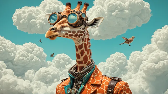 Girafa con gafas de aviador y chaqueta entre nubes blancas