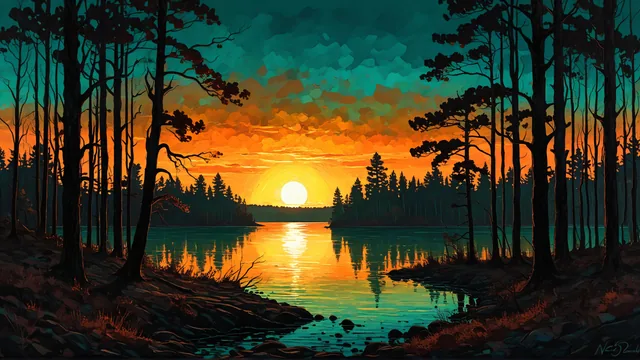 Lago rodeado por bosque denso bajo atardecer colorido