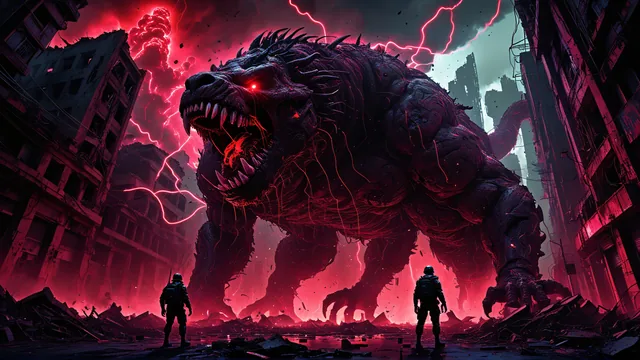 Monstruo gigante con ojos rojos en medio de ruinas urbanas bajo tormenta