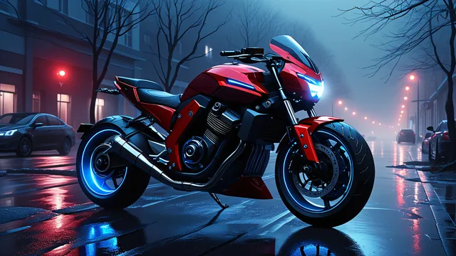 Motocicleta roja con luces azules estacionada en calle urbana húmeda