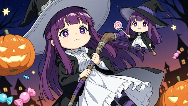 Niña bruja con varita y dulce flotando en escena de Halloween