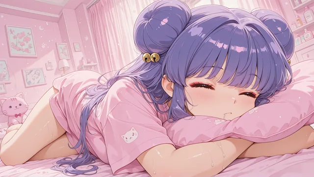 Joven con cabello morado durmiendo en cama rosa
