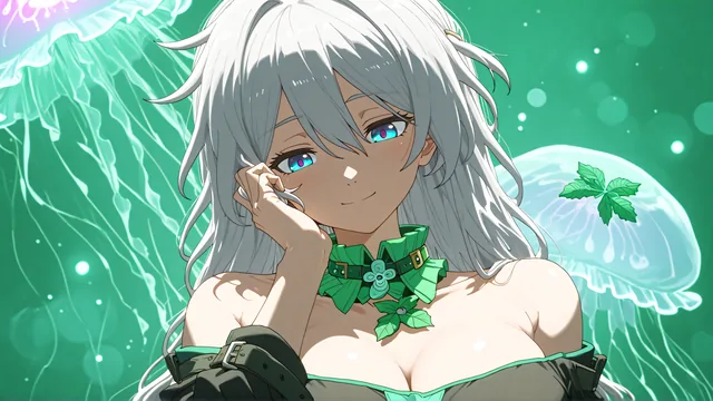Chica joven con cabello plateado y collar verde rodeada de medusas