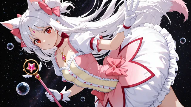 Chica anime con traje rosa y blanco flotando en el espacio estrellado