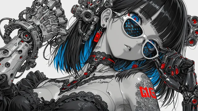 Chica con gafas y brazos mecánicos en estilo anime