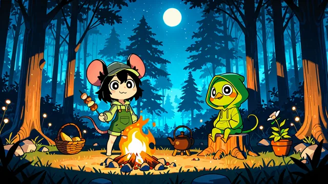 Dos personajes animados sentados junto a fogata en bosque nocturno