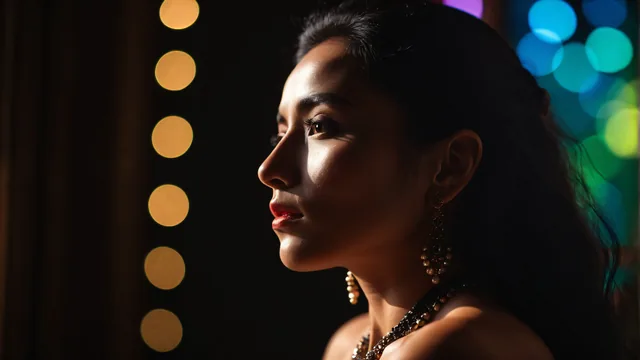 Chica joven en perfil bajo luz cálida y bokeh colorido