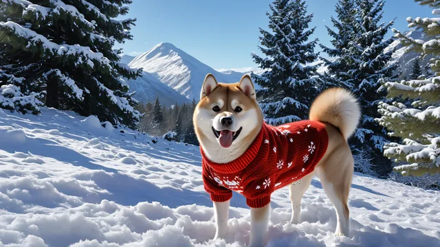 Perro Akita en bosque nevado con suéter rojo