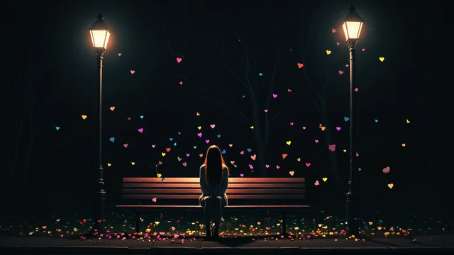 Persona sentada en banco bajo farolas con corazones flotantes