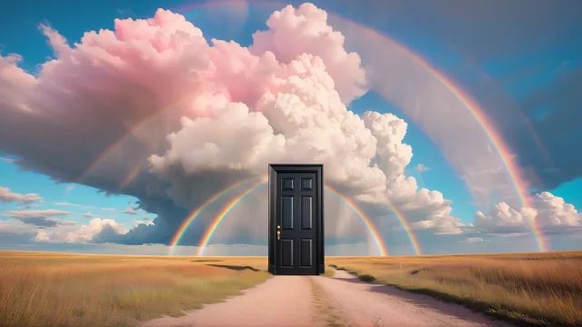 Puerta en campo abierto con arcoíris y nubes