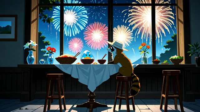 Ratoncito sentado frente a ventana con fuegos artificiales
