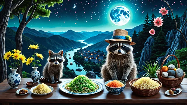 Dos mapaches sentados en mesa con comida bajo luna