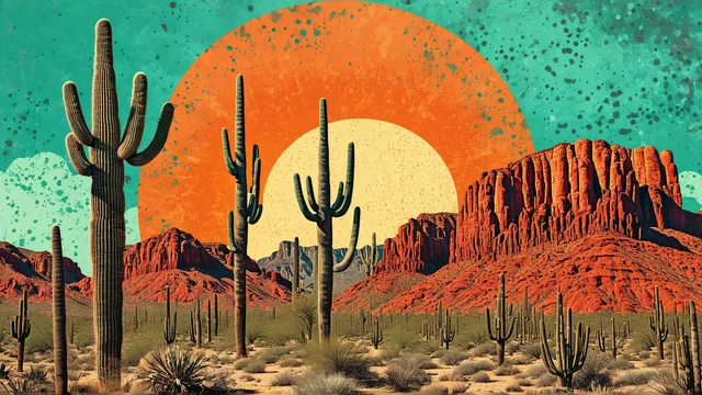Paisaje desértico con cactus saguaros y montañas rojas bajo sol anaranjado