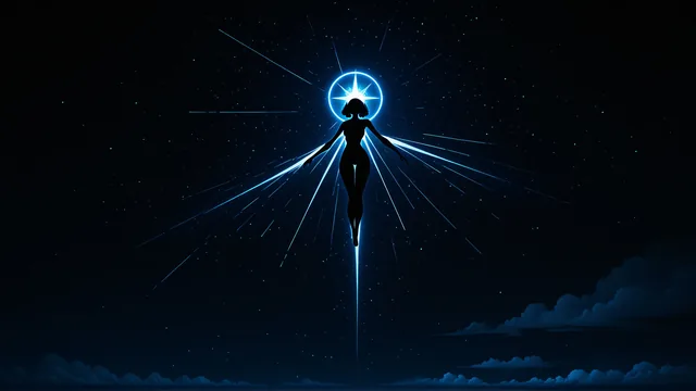 Silueta de persona con luz azul en cielo estrellado nocturno
