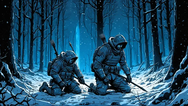 Dos soldados en posición de espera bajo árboles nevados