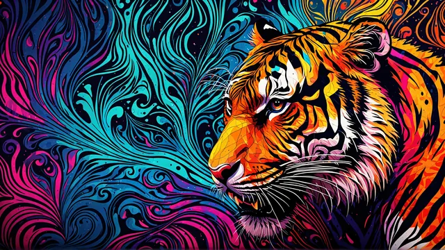 Tigre estilizado en colores vivos sobre fondo abstracto