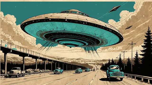 Gran nave espacial sobre carretera con camiones circulando