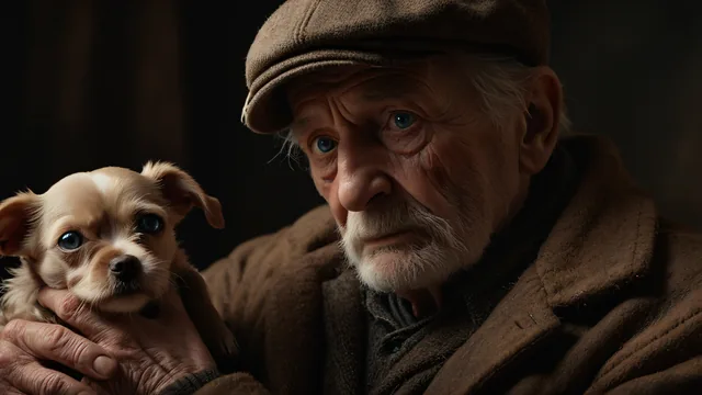 Anciano con cachorrito en entorno oscuro