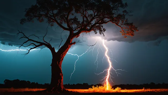 Árbol solitario bajo tormenta con relámpagos iluminando el campo