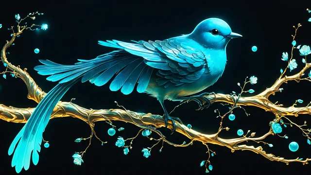 Pájaro azul con alas extendidas sobre rama dorada decorada con flores