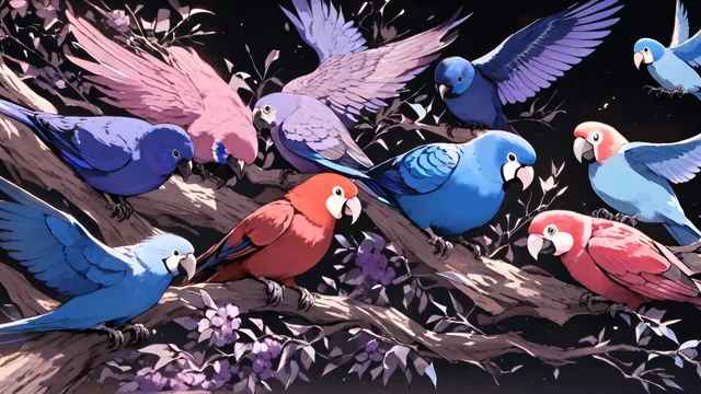 Grupo de pájaros multicolores sobre ramas con flores púrpuras