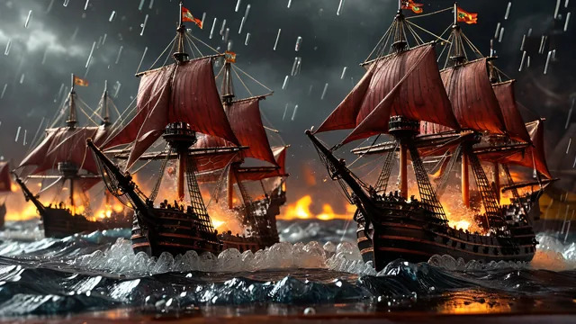 Barcos de guerra con velas rojas en tormenta sobre mar agitado