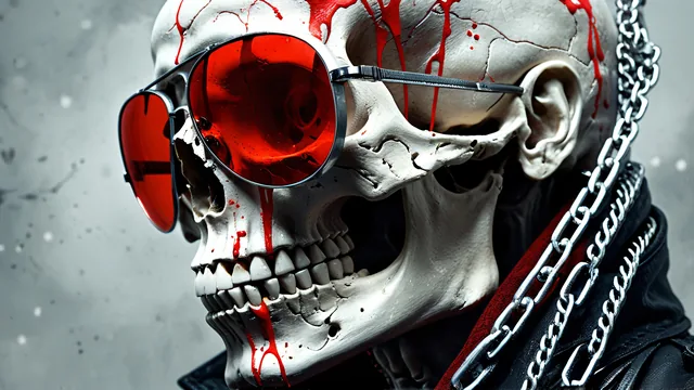 Cráneo con gafas rojas y cadenas metálicas sobre fondo gris texturizado