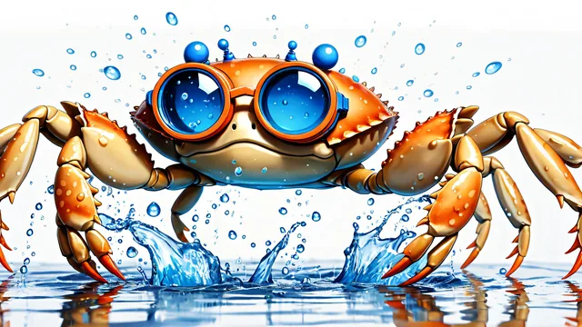 Cangrejo con gafas de natación saliendo del agua