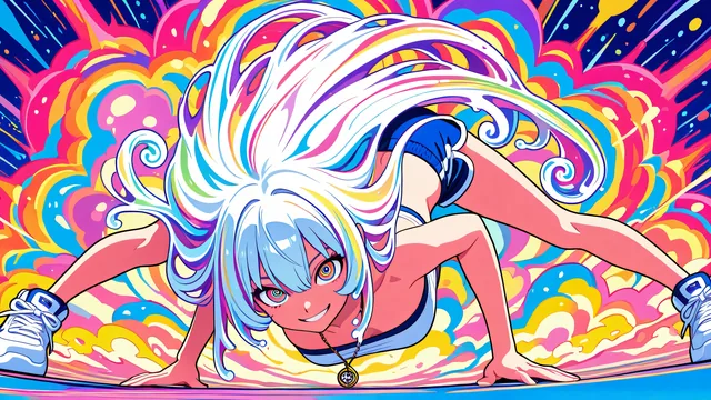 Chica anime con cabello arcoíris en pose dinámica sobre fondo colorido