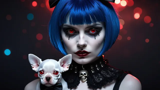 Chica con perro blanco bajo iluminación dramática