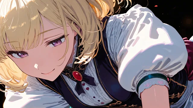 Chica rubia en vestido elegante con fondo oscuro
